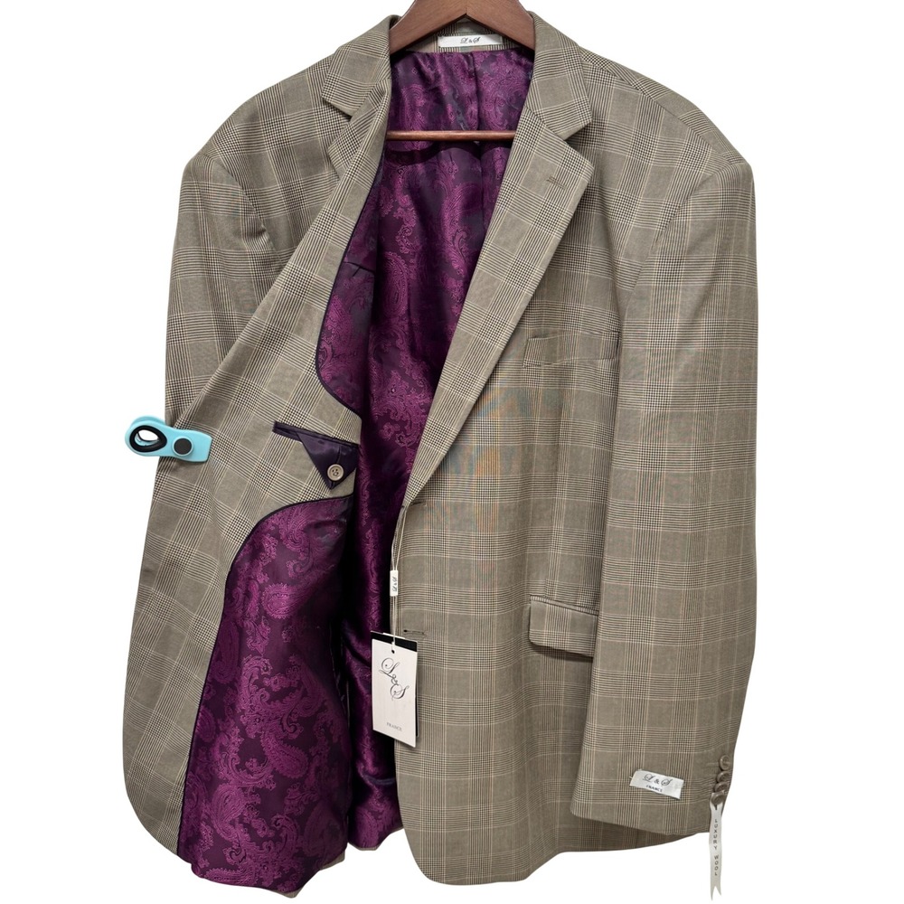 L&S France Men 45R Blazer Brown Glen Plaid Wool Blend Purple Paisley Lining